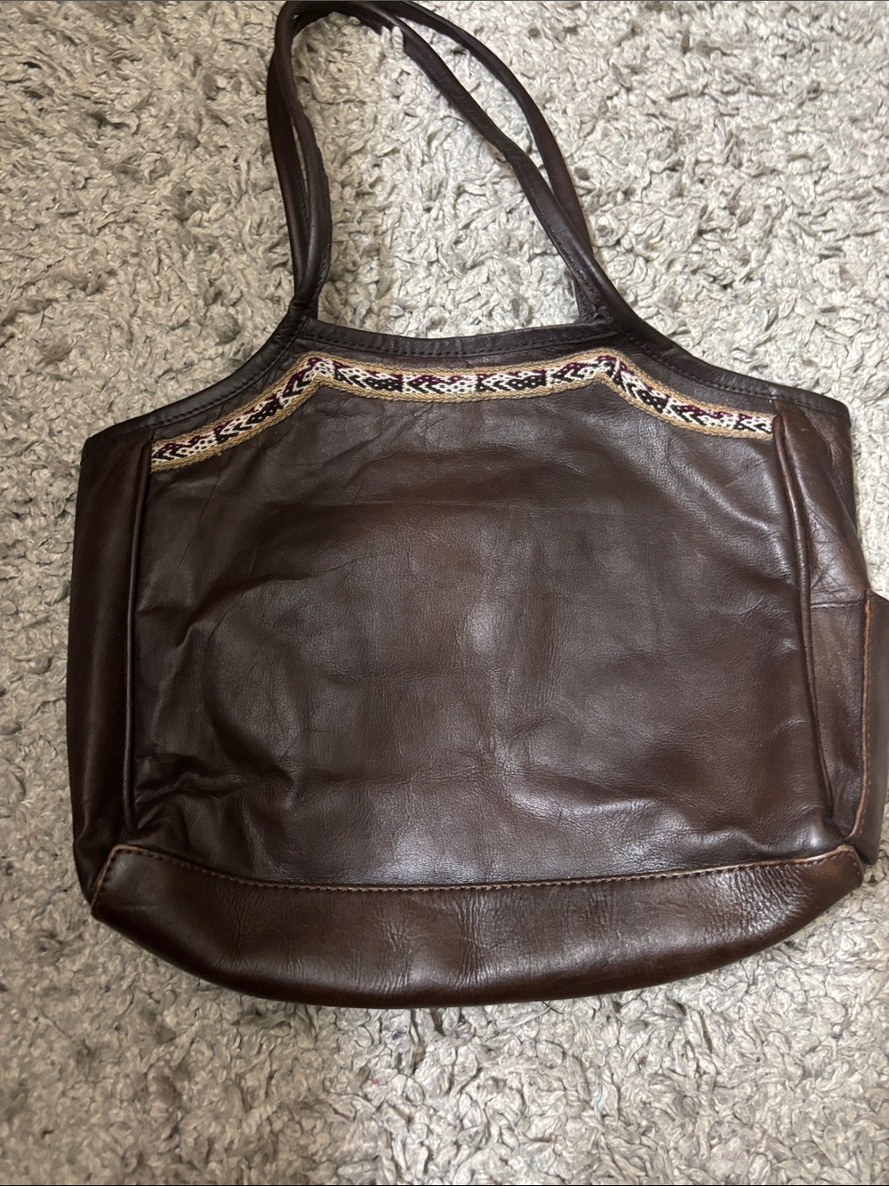 Classic Brown Leather Tote Bag with Embroidered Trim